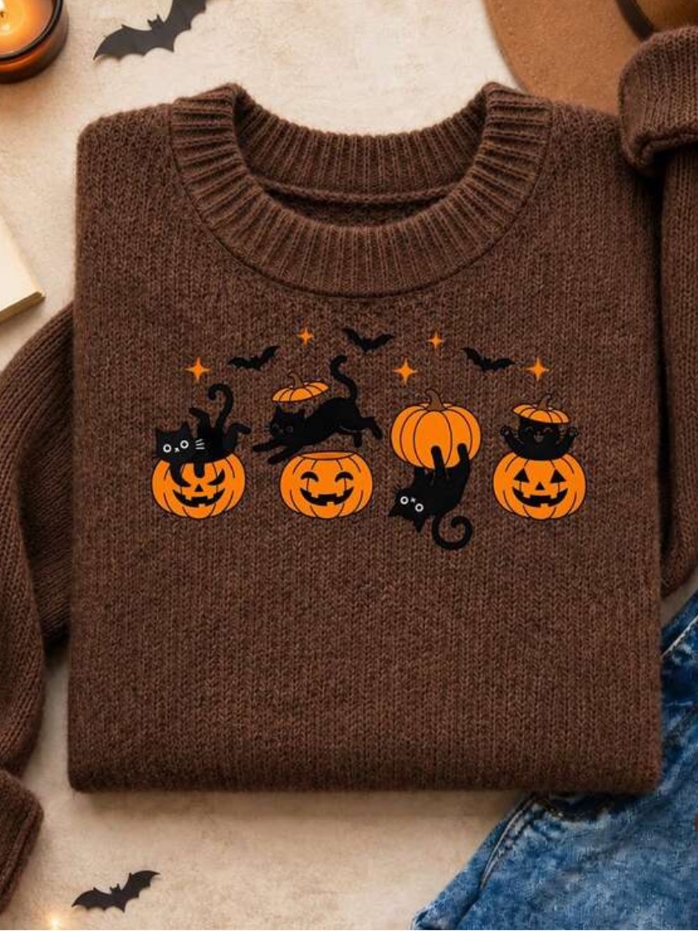 Coffee Brown Halloween Pumpkin & Cat Sweater